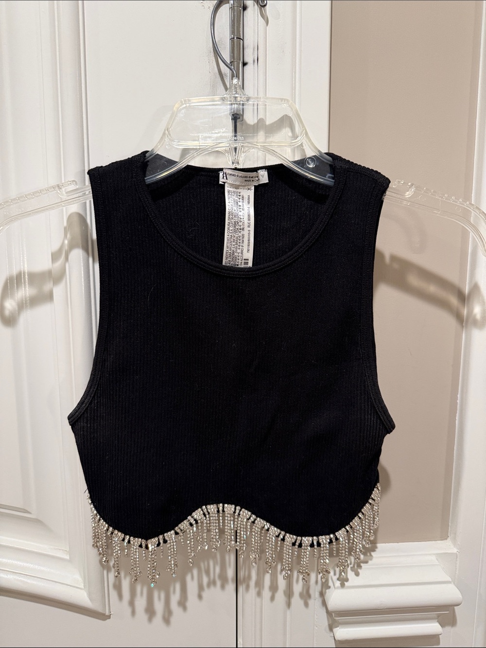 Zara Black Ribbed Crop Top with Rhinestone Fringe